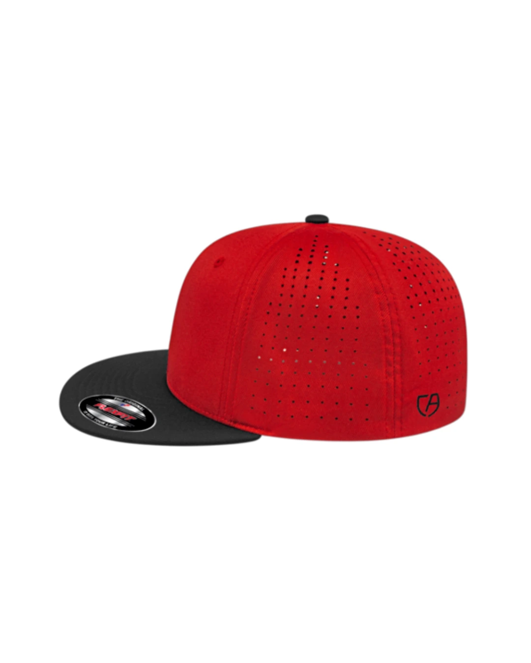Custom Flexfit hats in Red Black, side