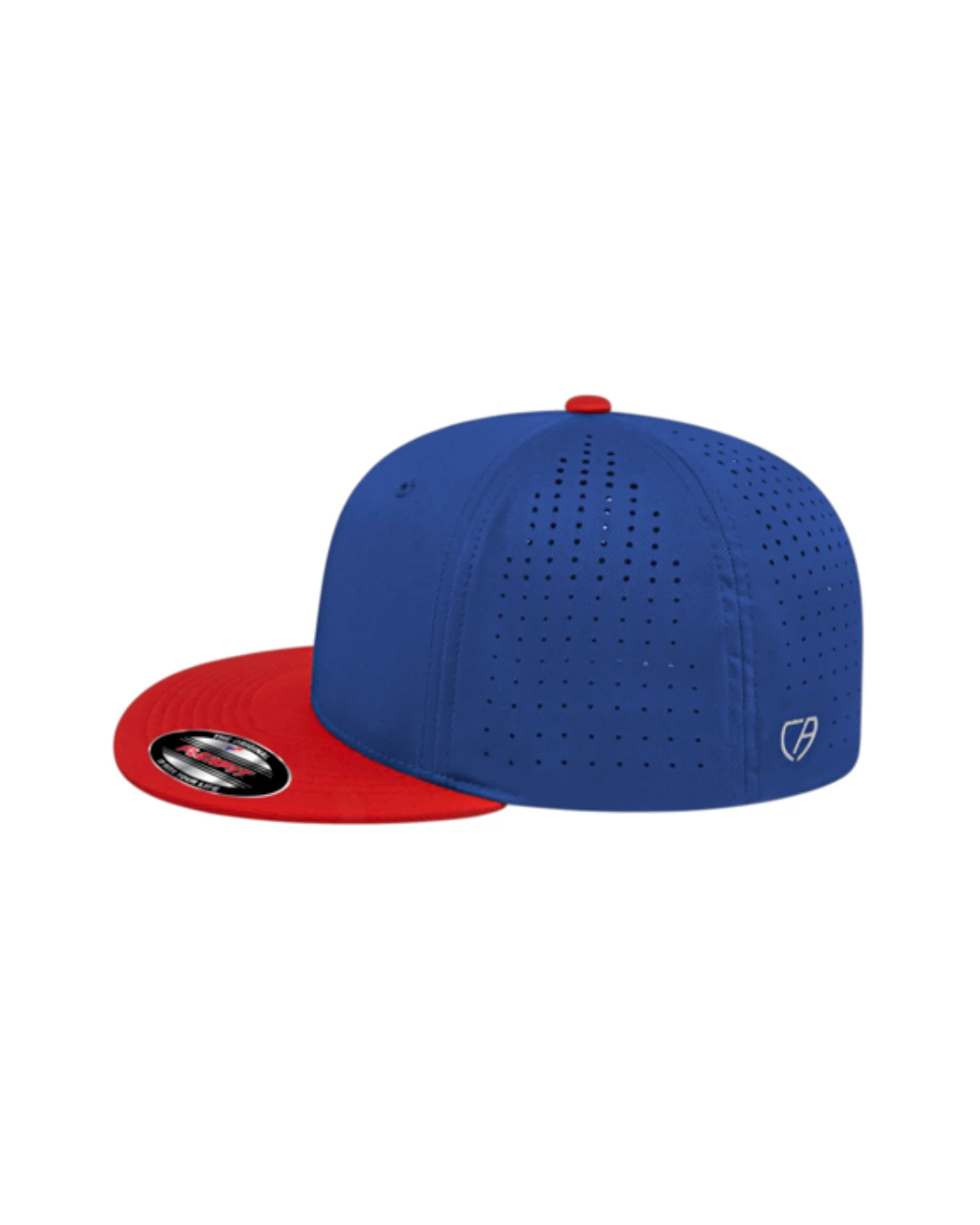 Custom Flexfit hats in Royal Blue Red, side