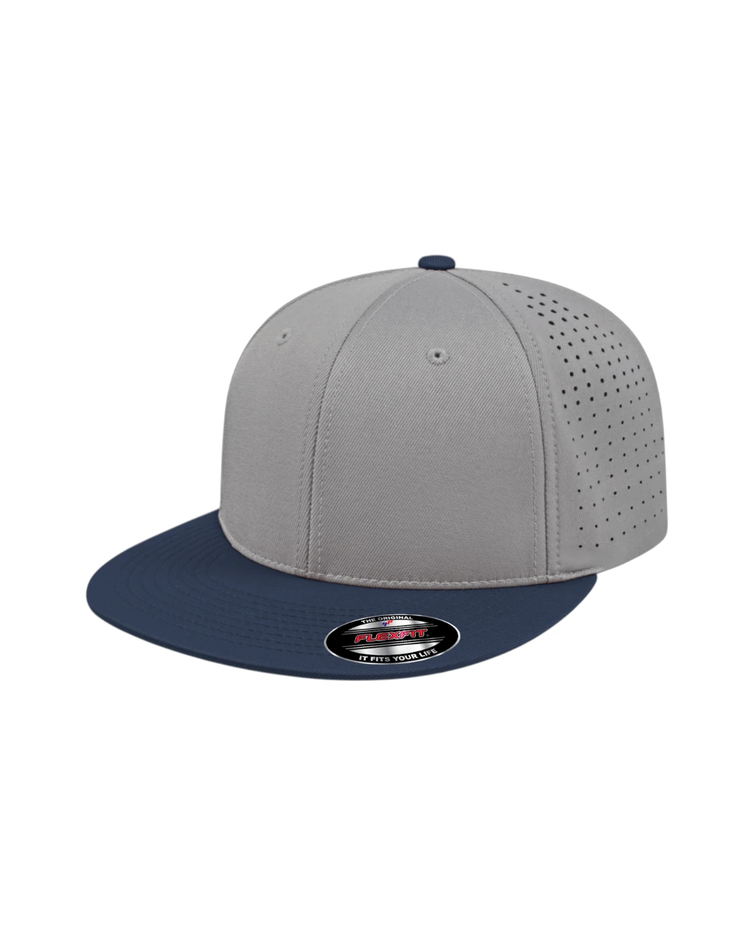 Custom Flexfit hats in Silver Navy Blue