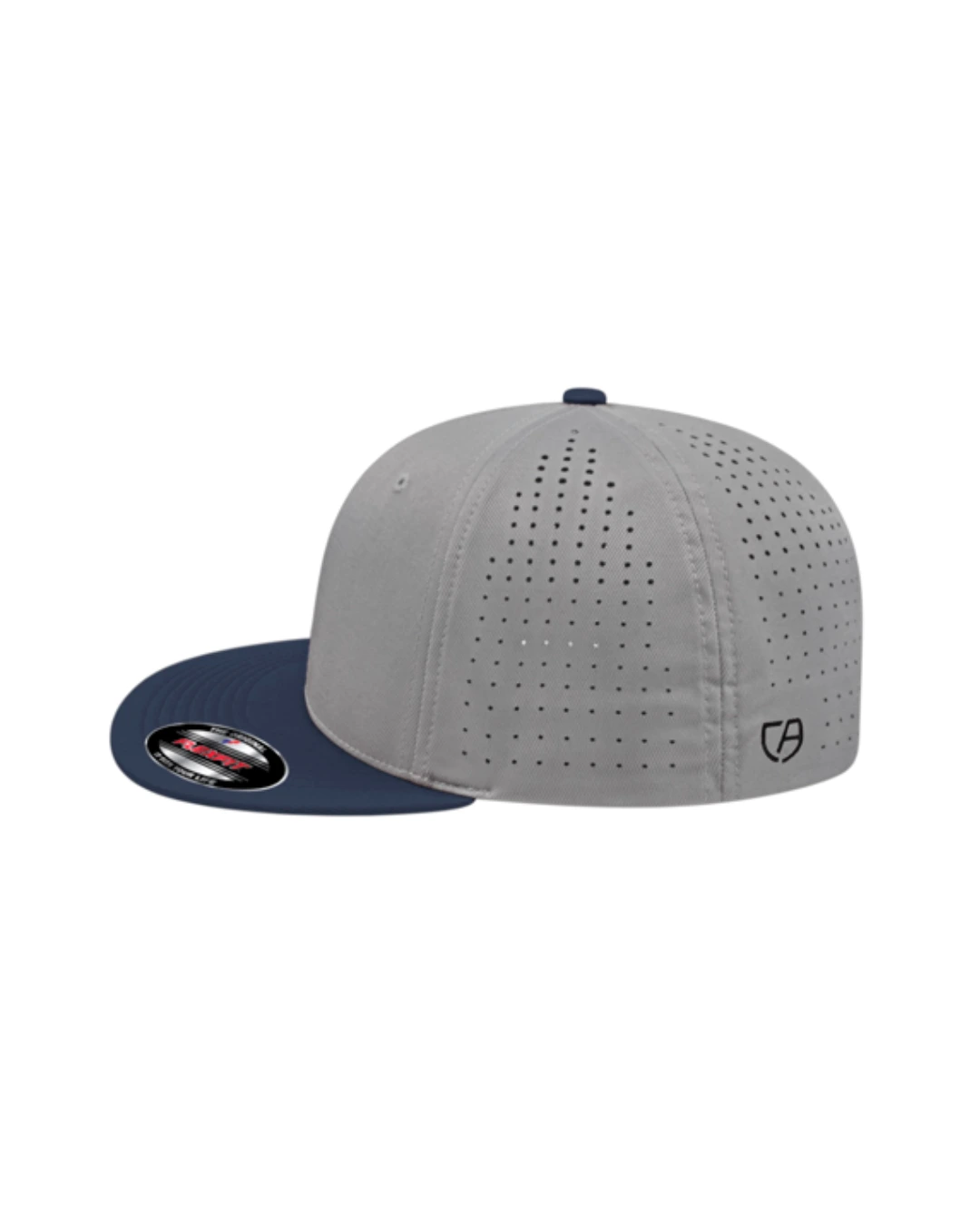 Custom Flexfit hats in Silver Navy Blue, side