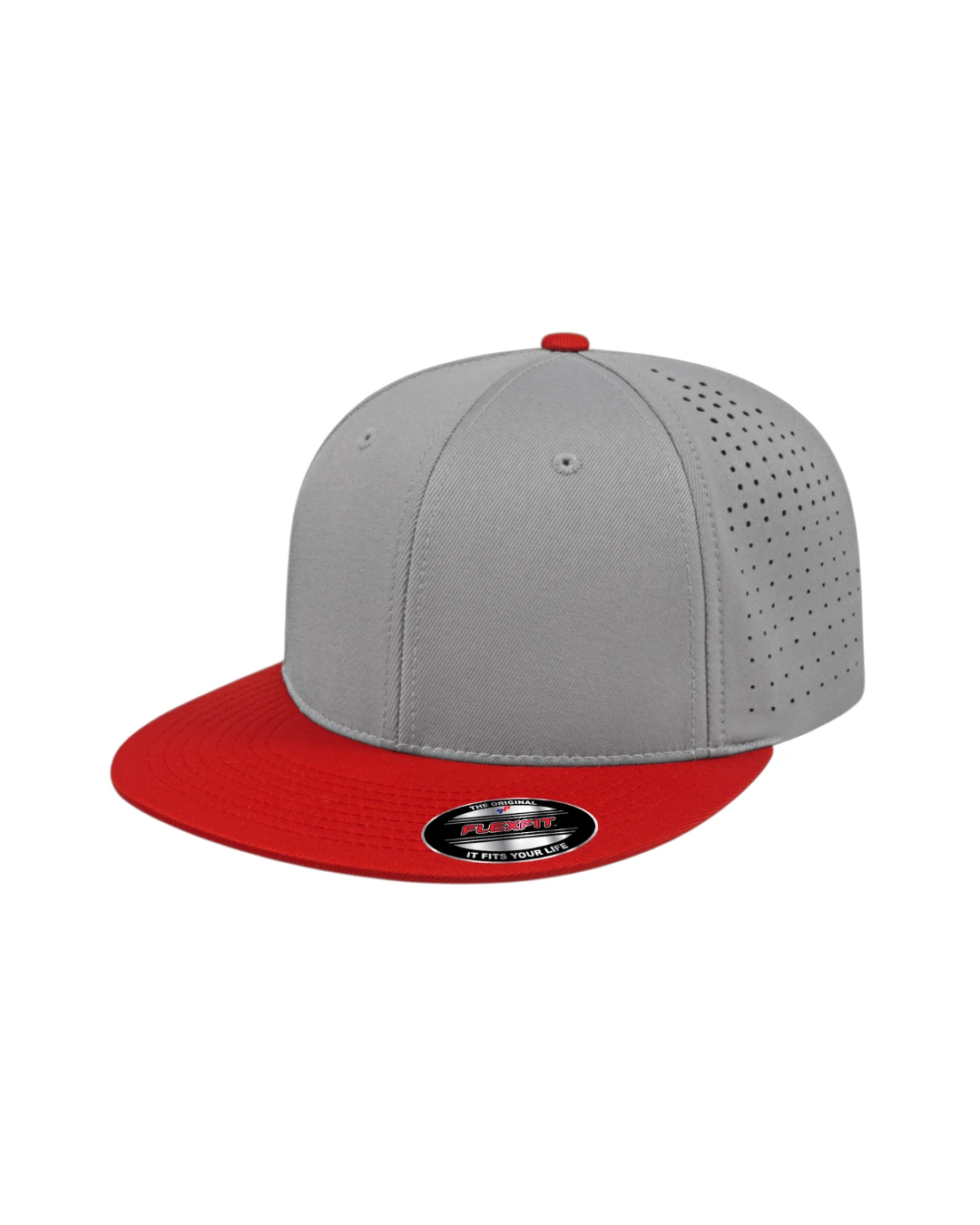 Custom Flexfit hats in Silver Red