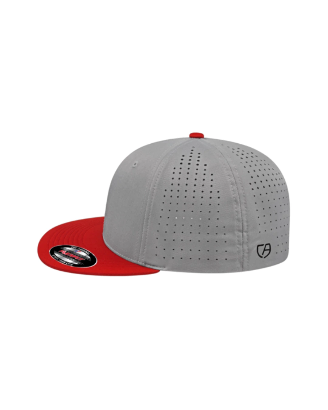 Custom Flexfit hats in Silver Red, side