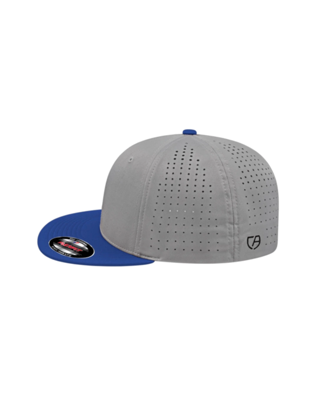 Custom Flexfit hats in Silver Royal Blue, side
