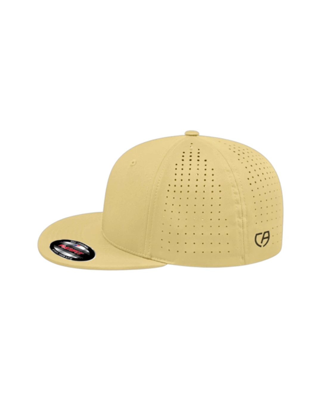 Custom Flexfit hats in Vegas Gold, side