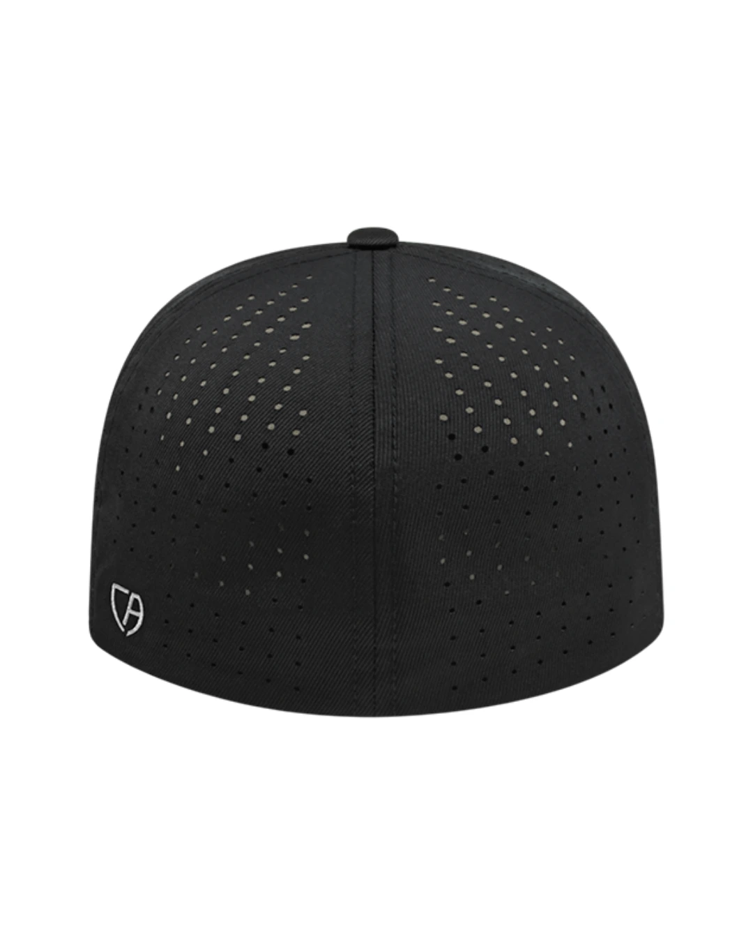 Custom Flexfit hats in White Black Black, back