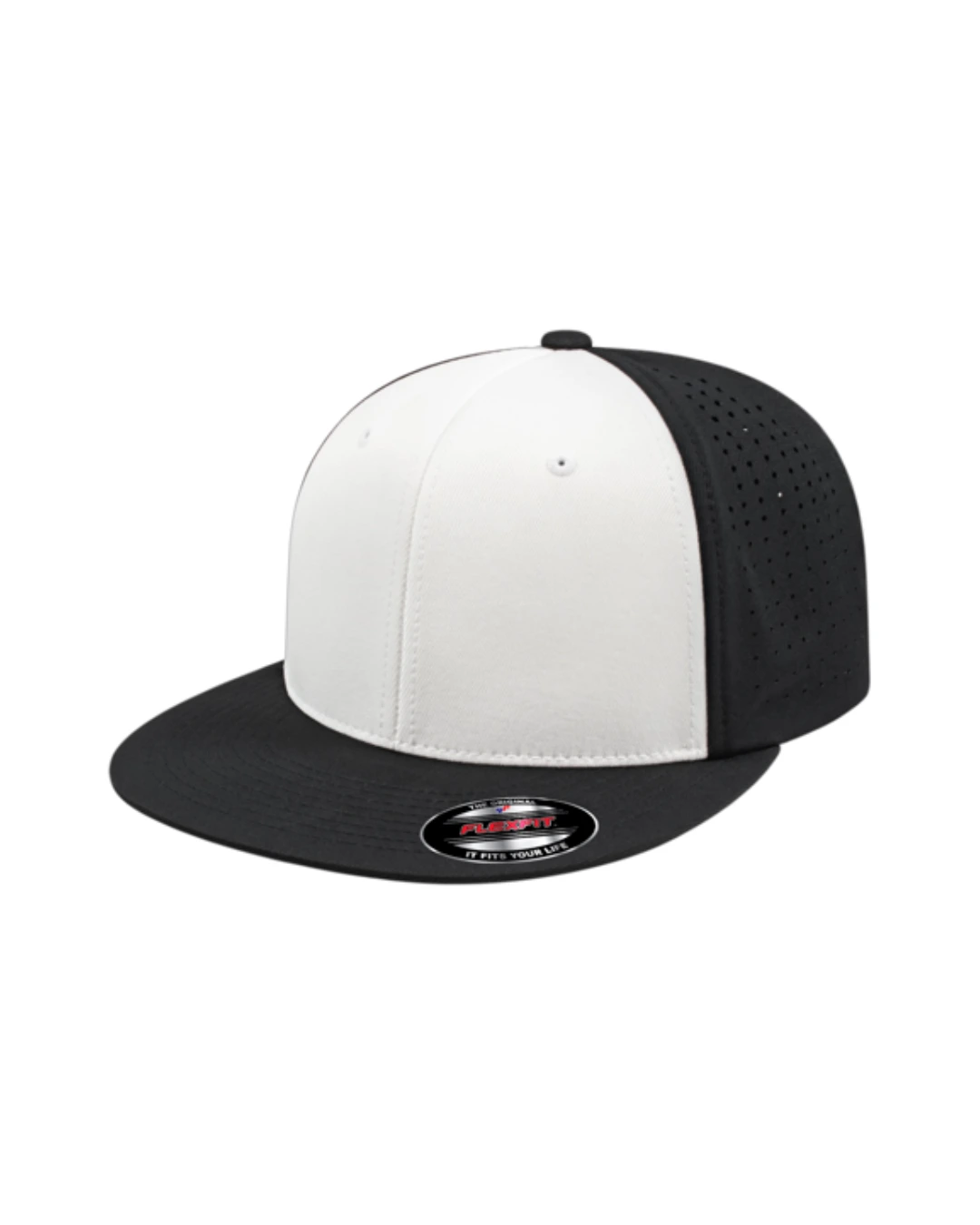 Custom Flexfit hats in White Black Black