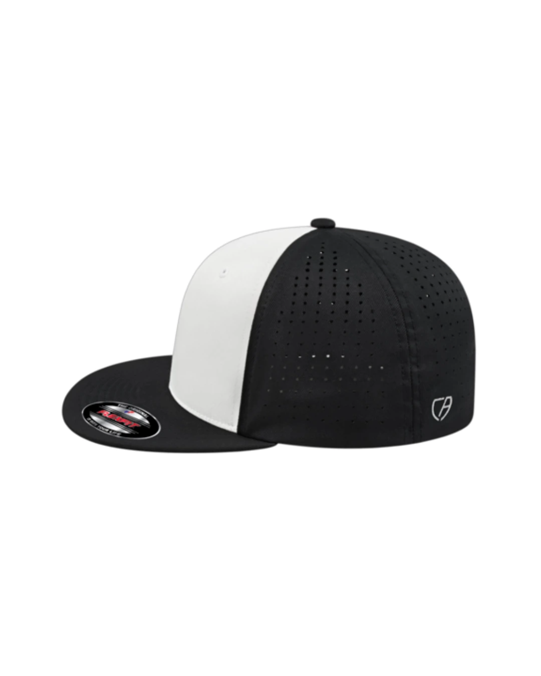 Custom Flexfit hats in White Black Black, side