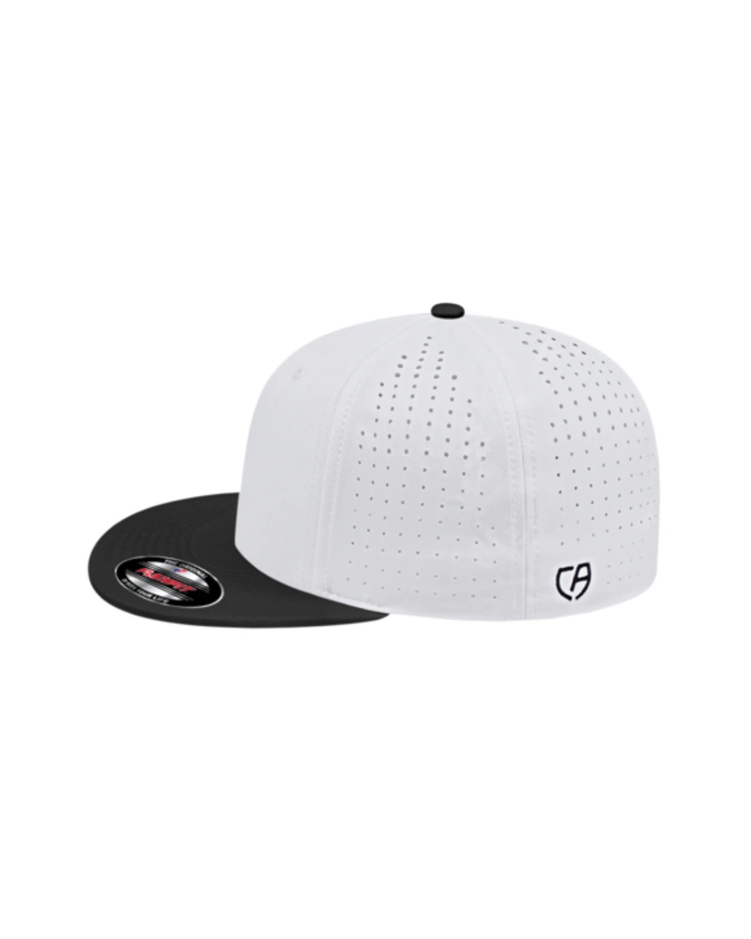 Custom Flexfit hats in White Black, side
