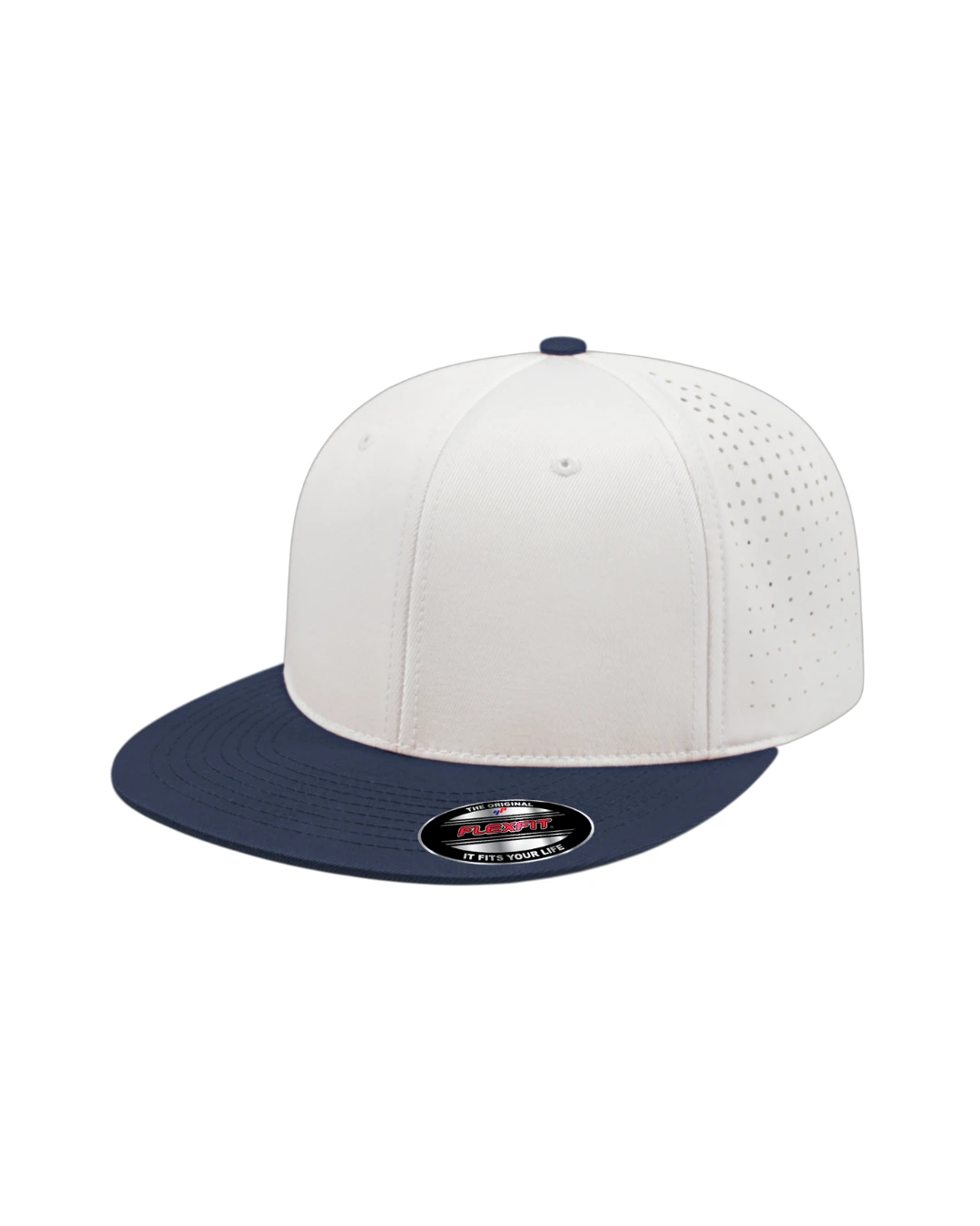 Custom Flexfit hats in White Navy Blue