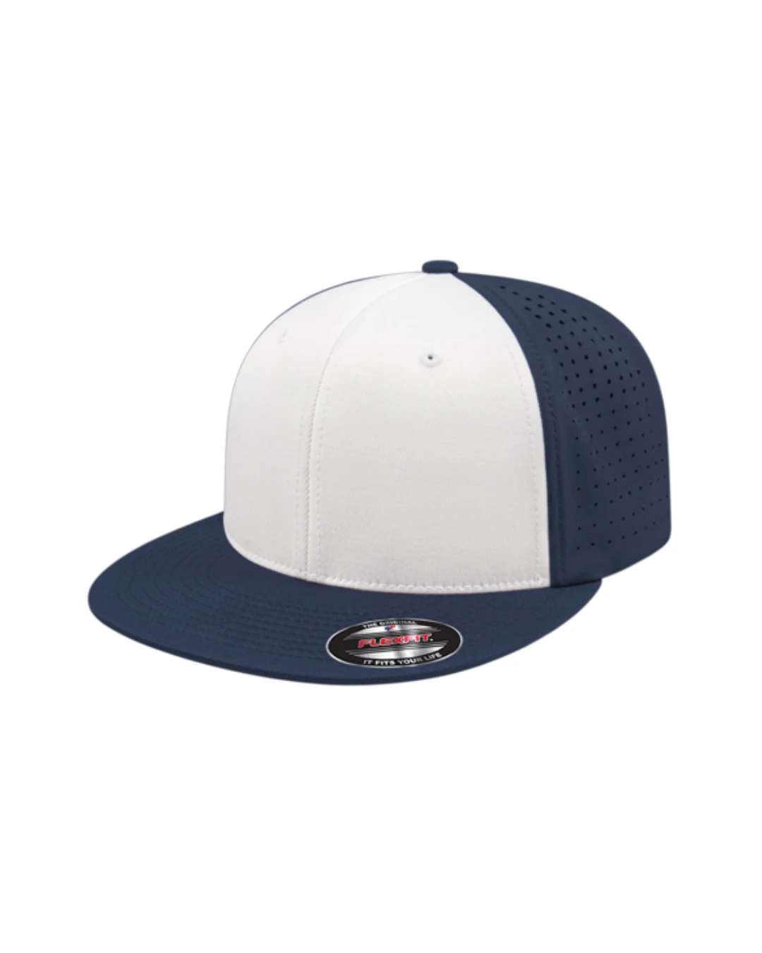 Custom Flexfit hats in White Navy Blue Navy Blue