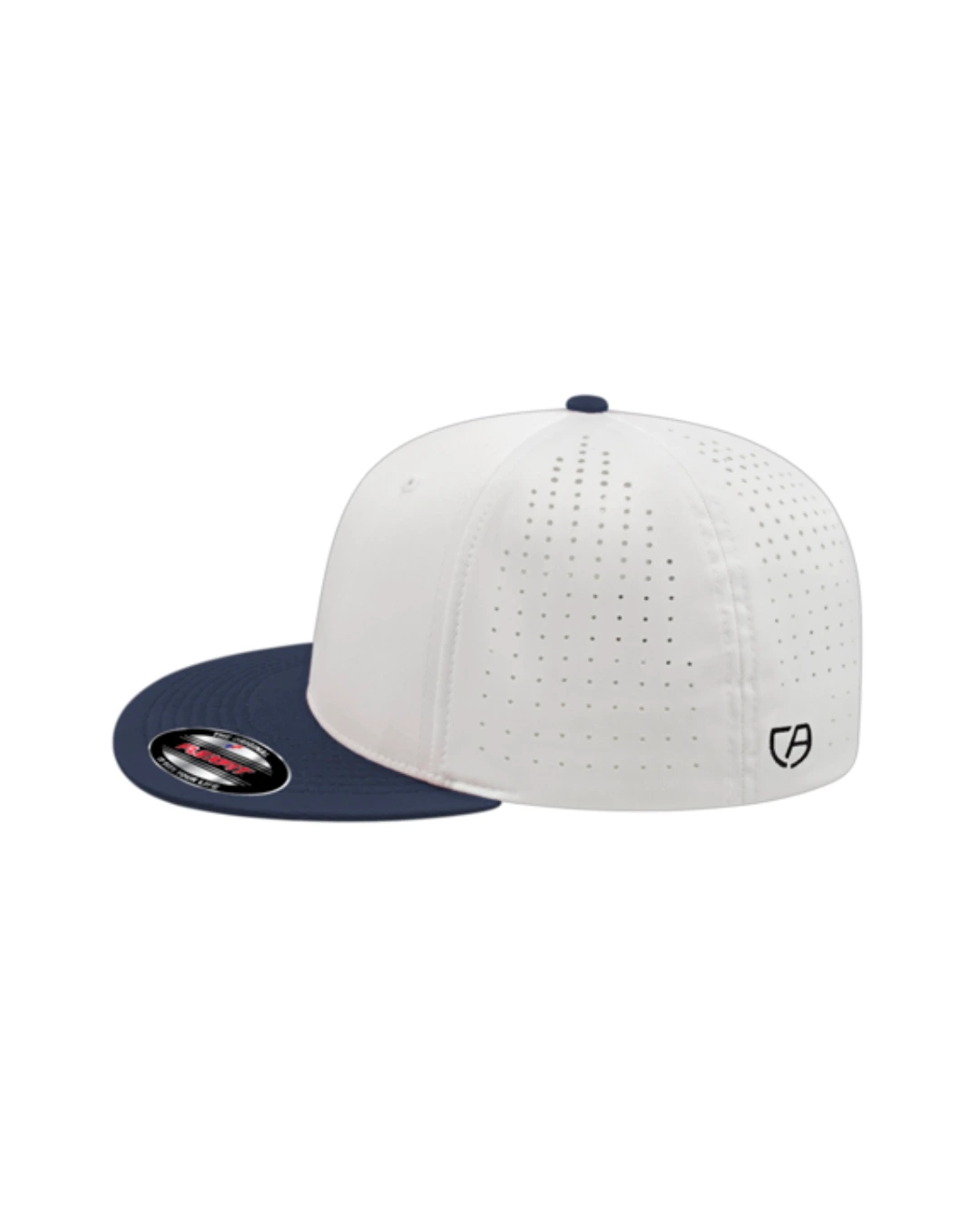 Custom Flexfit hats in White Navy Blue, side