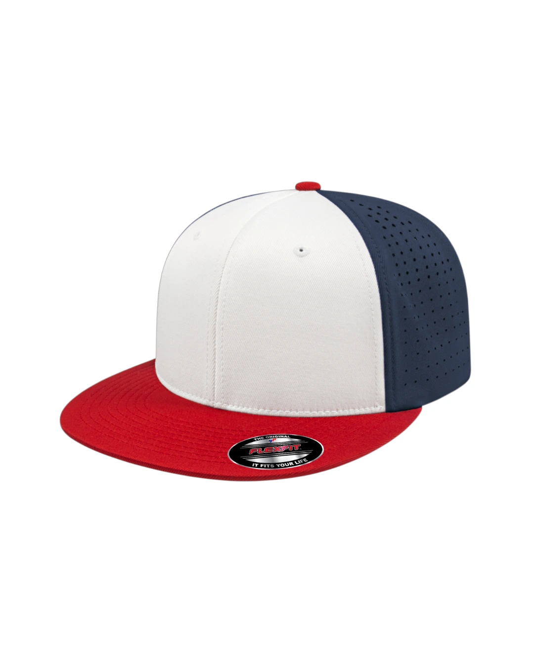 Custom Flexfit hats in White Red Navy Blue