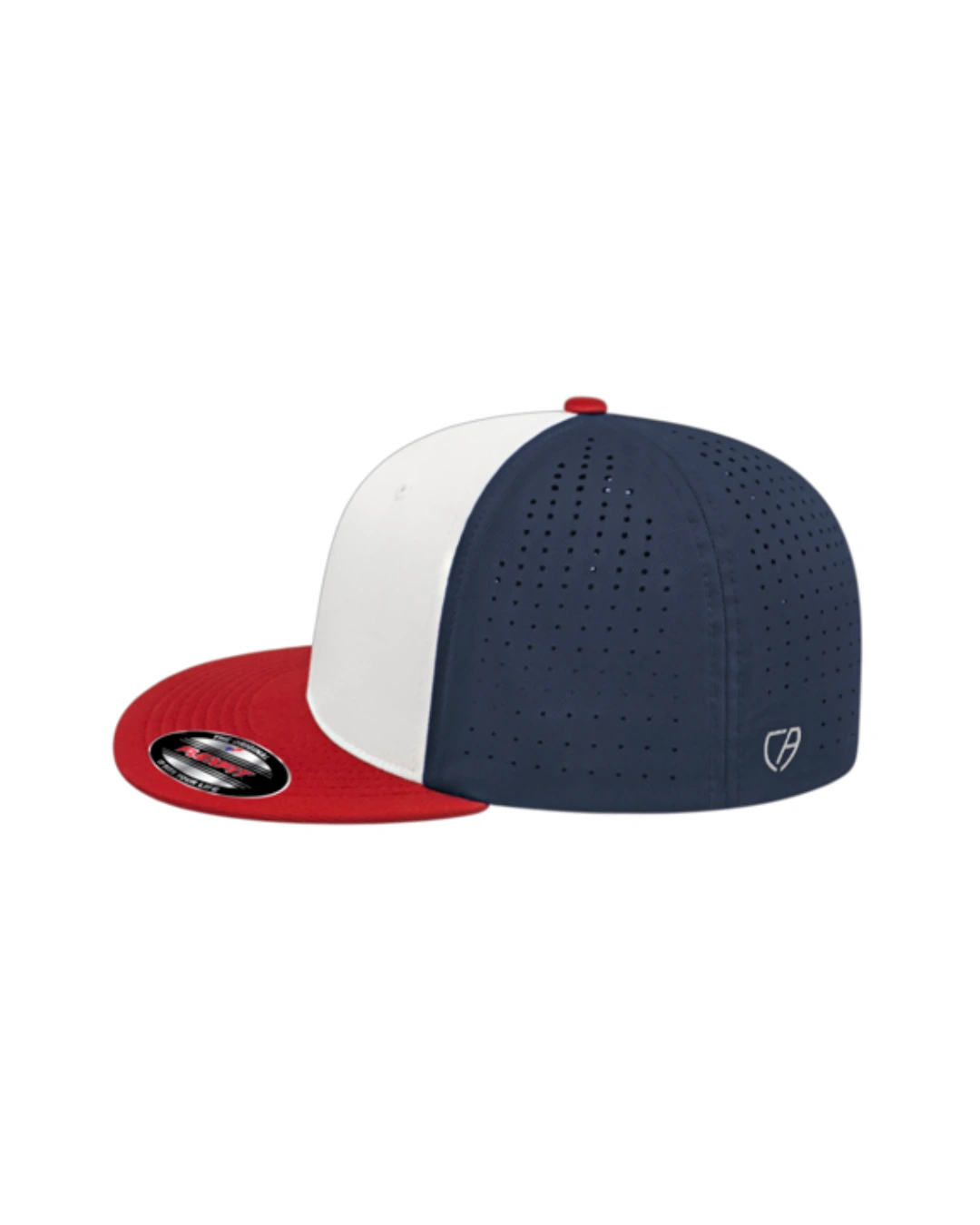 Custom Flexfit hats in White Red Navy Blue, side