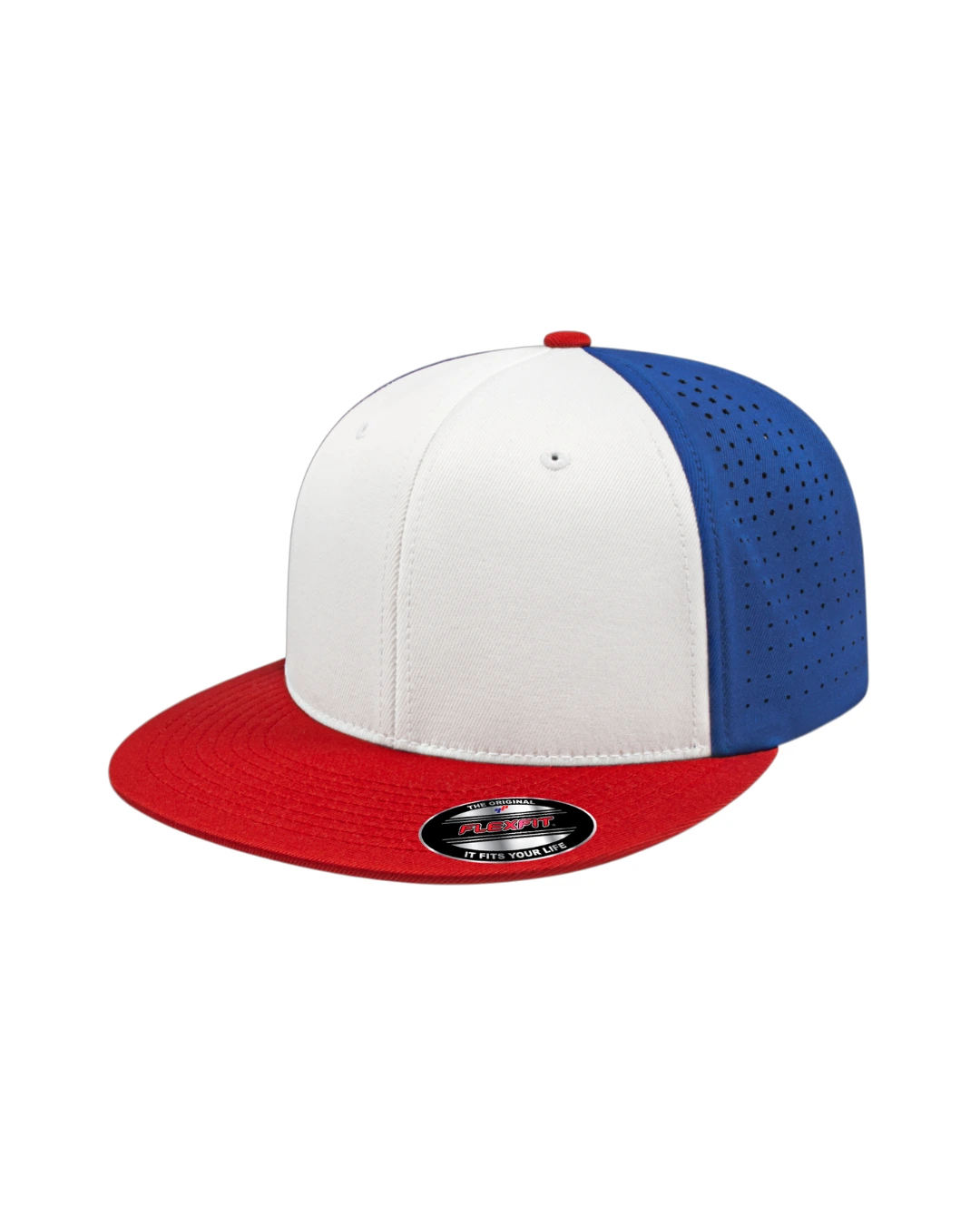 Custom Flexfit hats in White Red Royal Blue