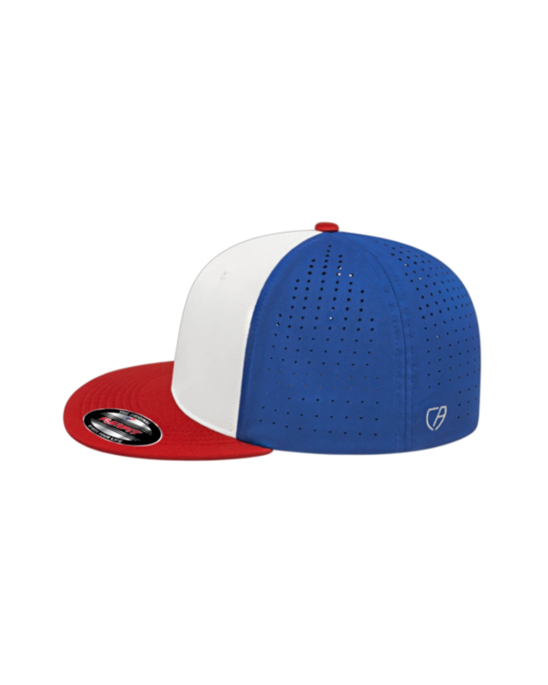 Custom Flexfit hats in White Red Royal Blue, side