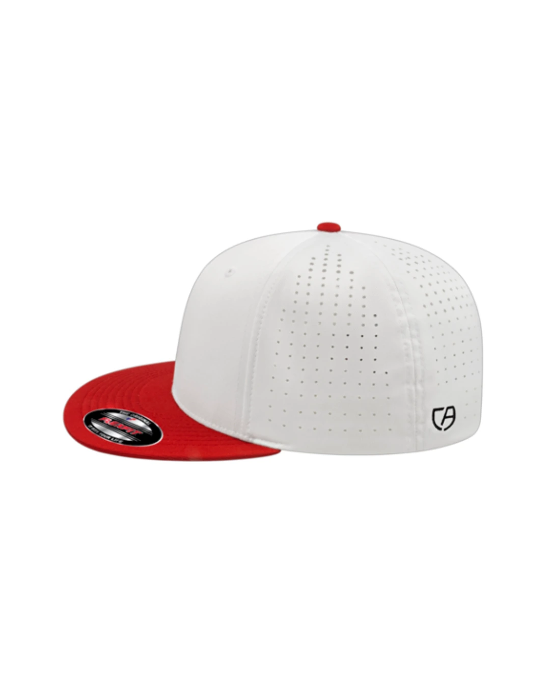 Custom Flexfit hats in White Red, side