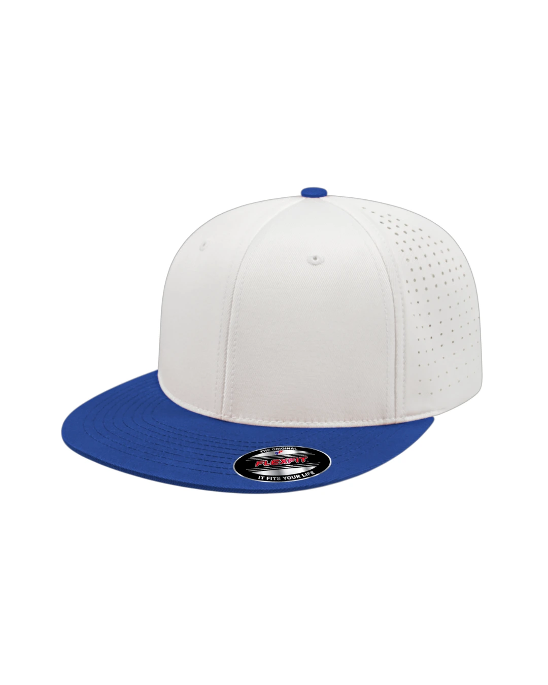 Custom Flexfit hats in White Royal Blue