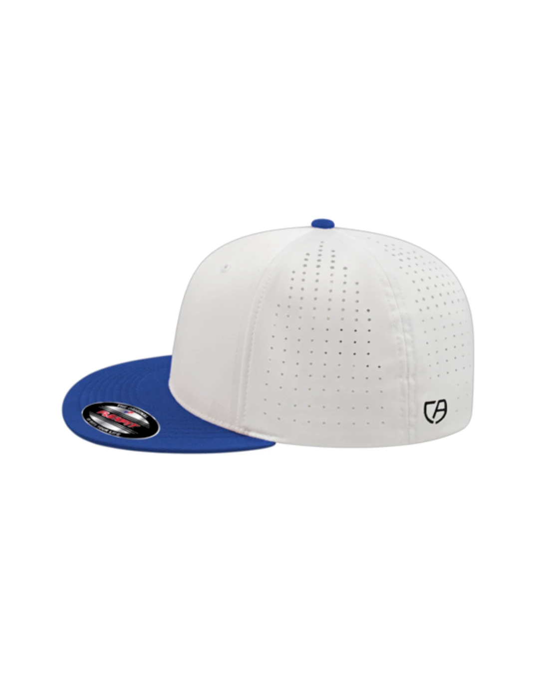 Custom Flexfit hats in White Royal Blue, side