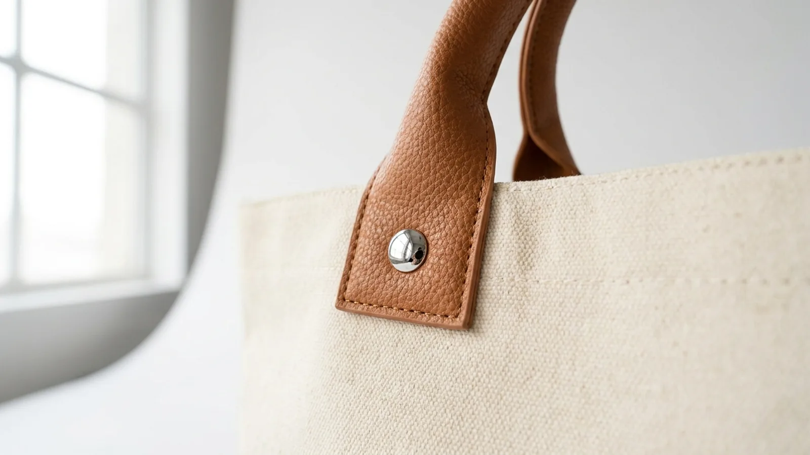 Premium tan vegan leather tote handle attached to canvas with polished chrome metal rivet