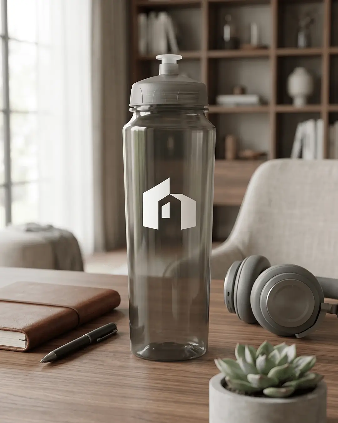 Custom plastic water bottles, 24 oz PET bottle with a sample printed logo, in use