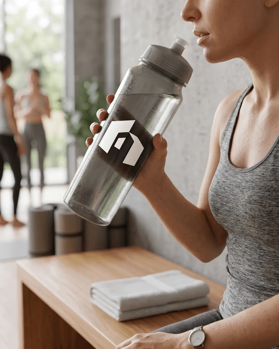 Custom plastic water bottles, 24 oz PET bottle with a sample printed logo, held in hand