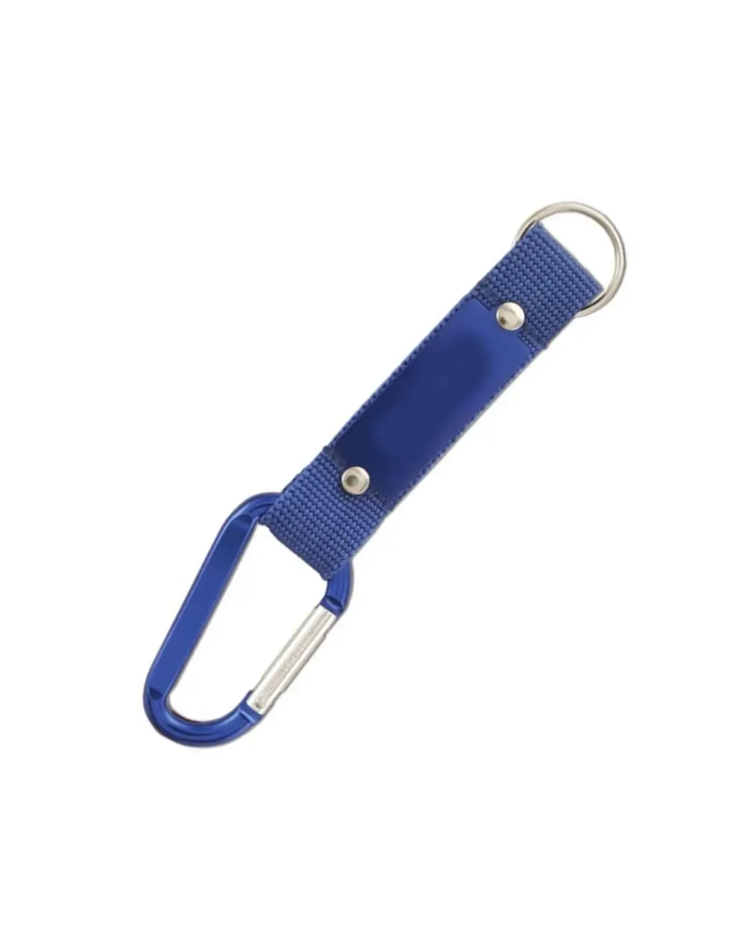 Custom carabiner keychains in blue, 6 cm anodized aluminum clip with color-matched strap, riveted metal plate and split key ring
