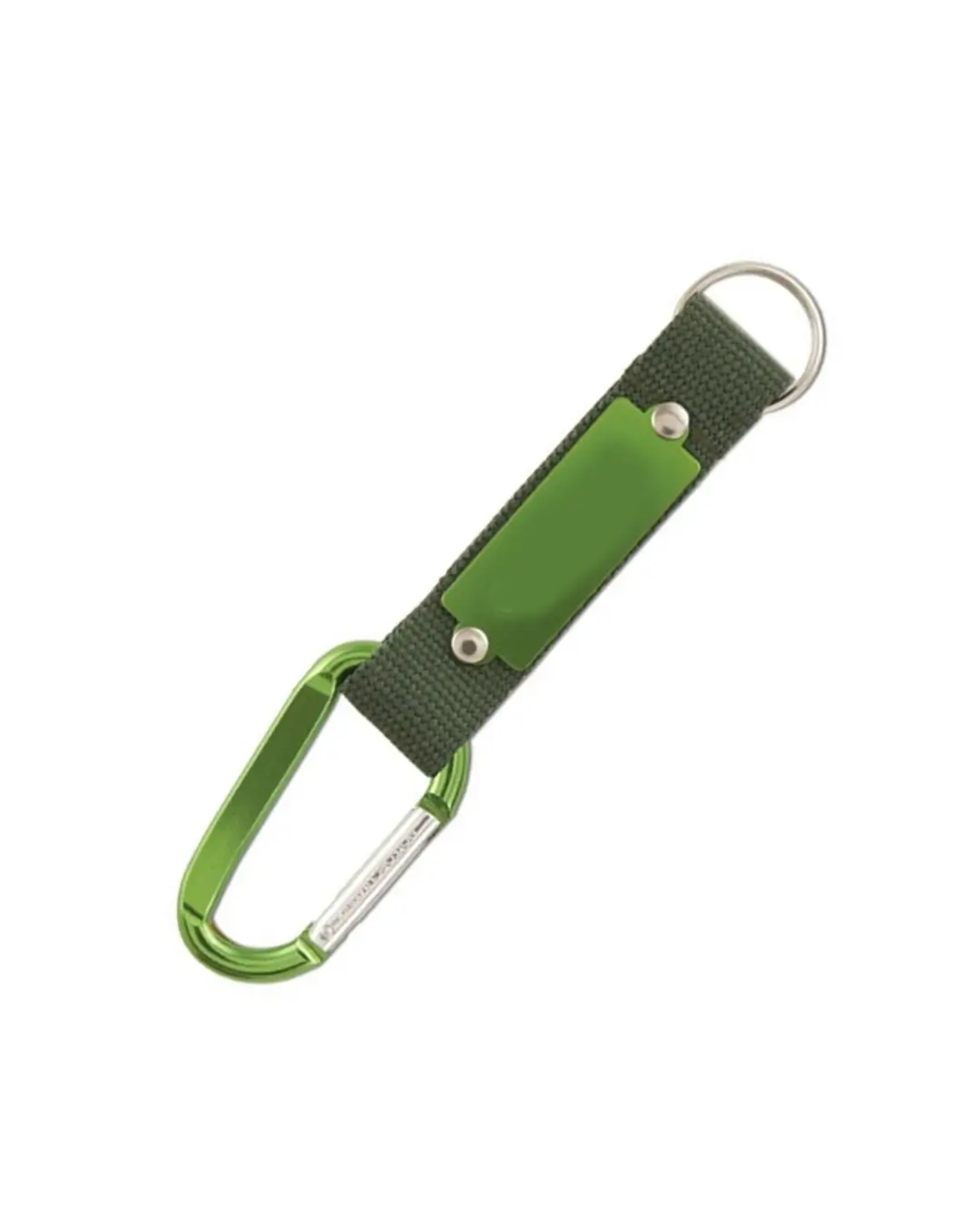 Custom carabiner keychains in green, 6 cm anodized aluminum clip with color-matched strap, riveted metal plate and split key ring