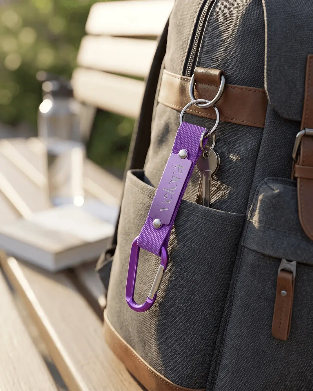 Custom carabiner keychain mockup, purple with an engraved plate clipped to a backpack strap