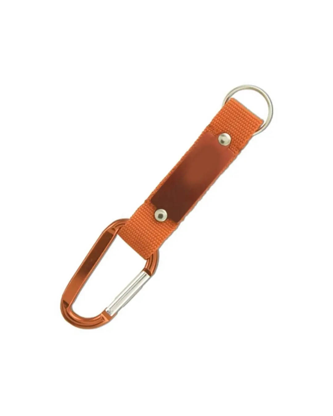 Custom carabiner keychains in orange, 6 cm anodized aluminum clip with color-matched strap, riveted metal plate and split key ring