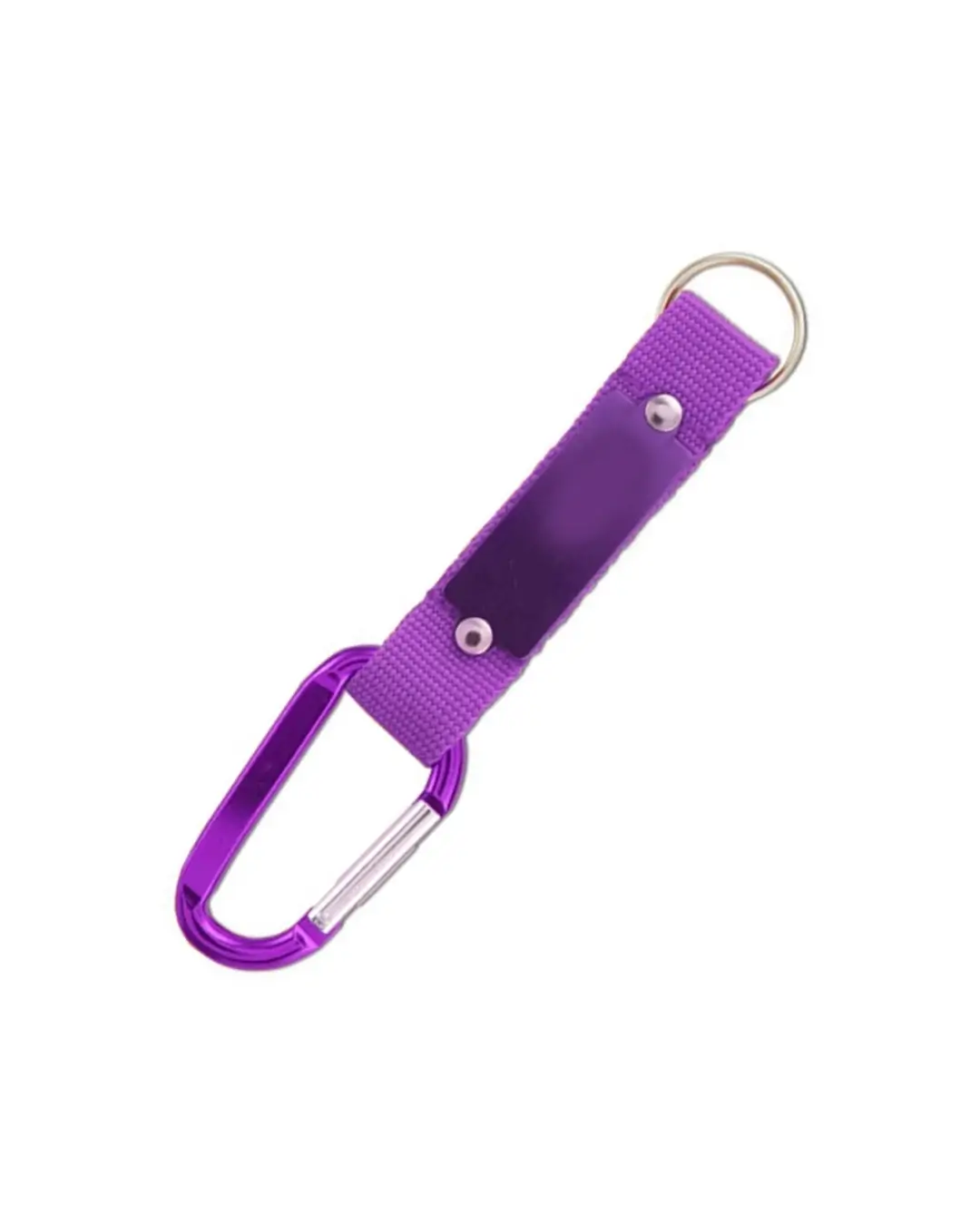 Custom carabiner keychains in purple, 6 cm anodized aluminum clip with color-matched strap, riveted metal plate and split key ring