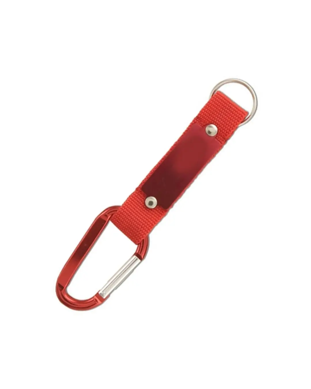 Custom carabiner keychains in red, 6 cm anodized aluminum clip with color-matched strap, riveted metal plate and split key ring