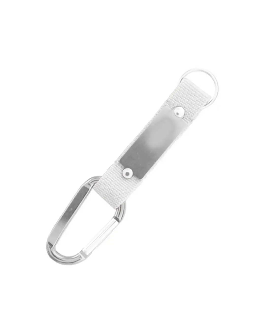 Custom carabiner keychains in silver, 6 cm anodized aluminum clip with color-matched strap, riveted metal plate and split key ring