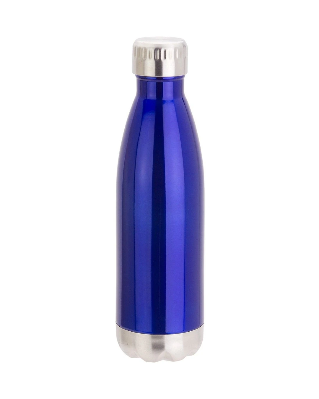 Custom insulated water bottles in Blue, 17 oz double-wall stainless steel bottle with screw cap, flat view