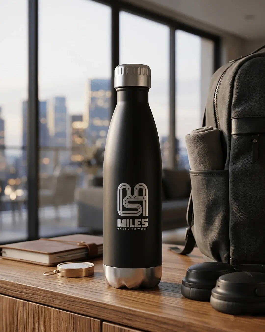 Custom insulated water bottles, 17 oz stainless steel bottle with a sample printed logo, in use