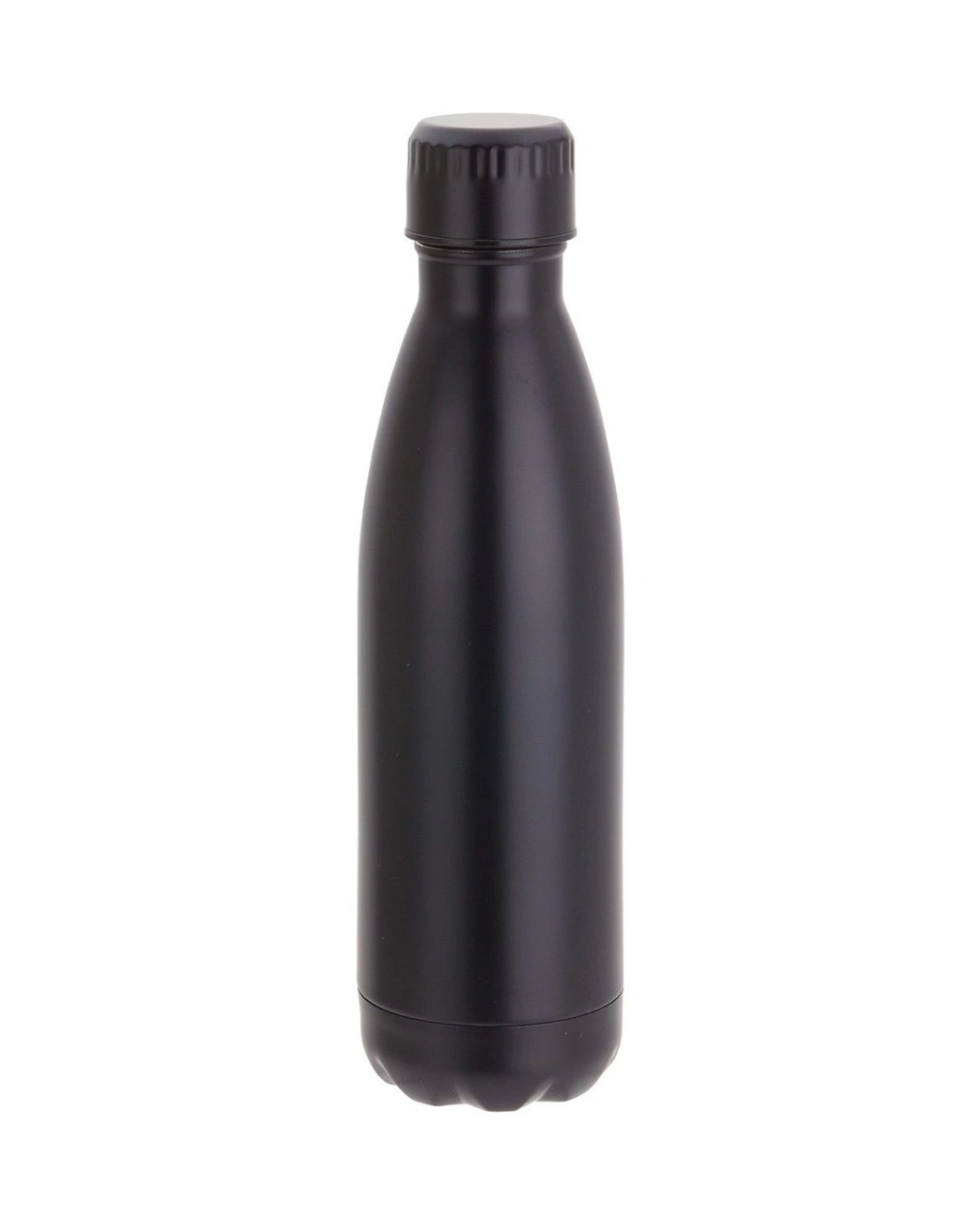 Custom insulated water bottles in Matte Black, 17 oz double-wall stainless steel bottle with screw cap, flat view