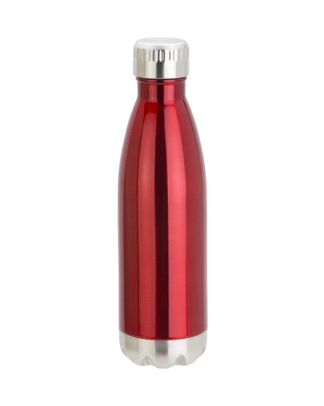Custom insulated water bottles in Red, 17 oz double-wall stainless steel bottle with screw cap, flat view