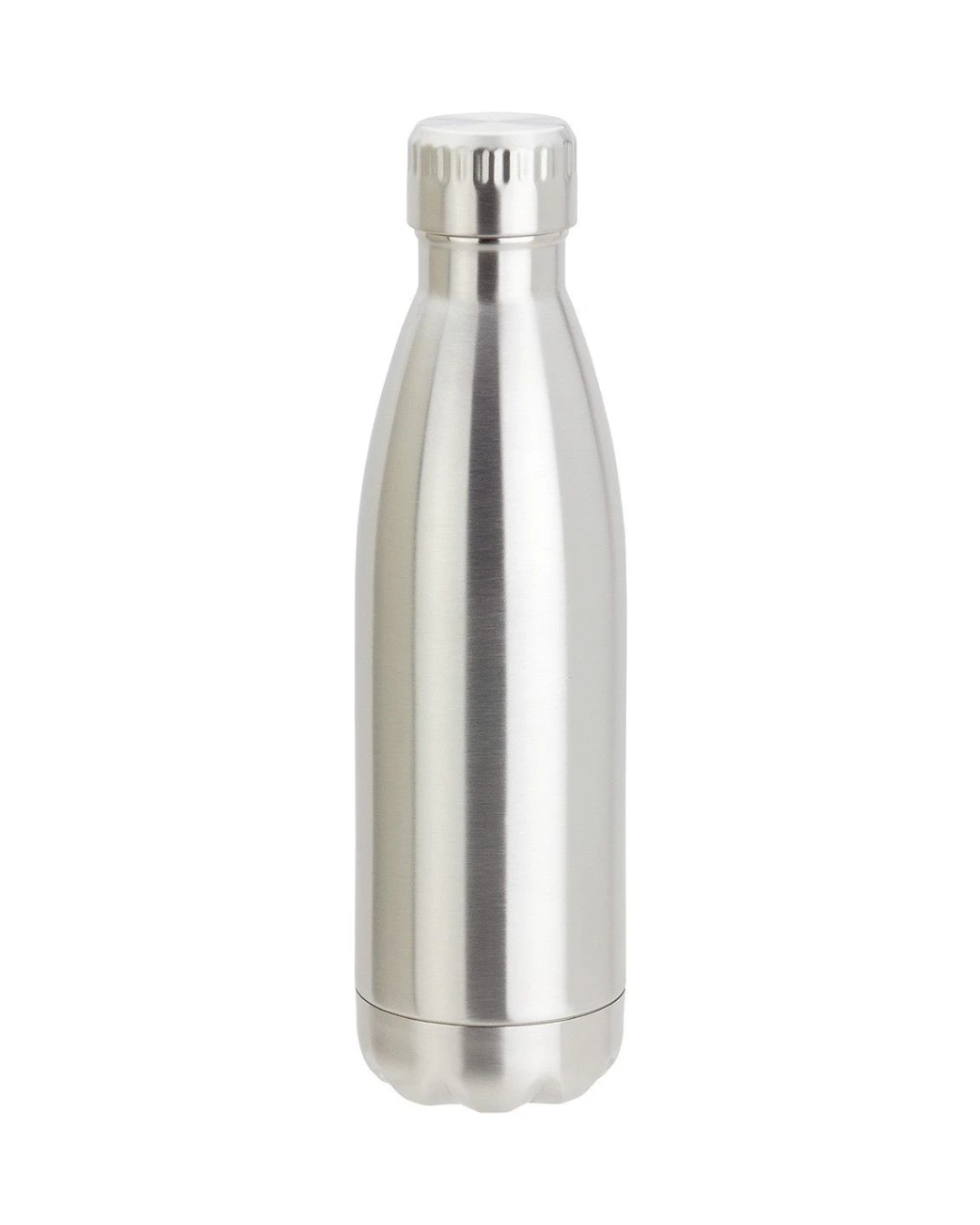 Custom insulated water bottles in Silver, 17 oz double-wall stainless steel bottle with screw cap, flat view