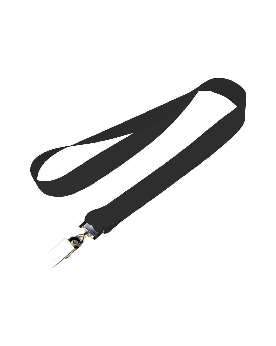 custom lanyards in black, 3/4 inch full color dye sublimated polyester strap with metal crimp and j-hook, flat view