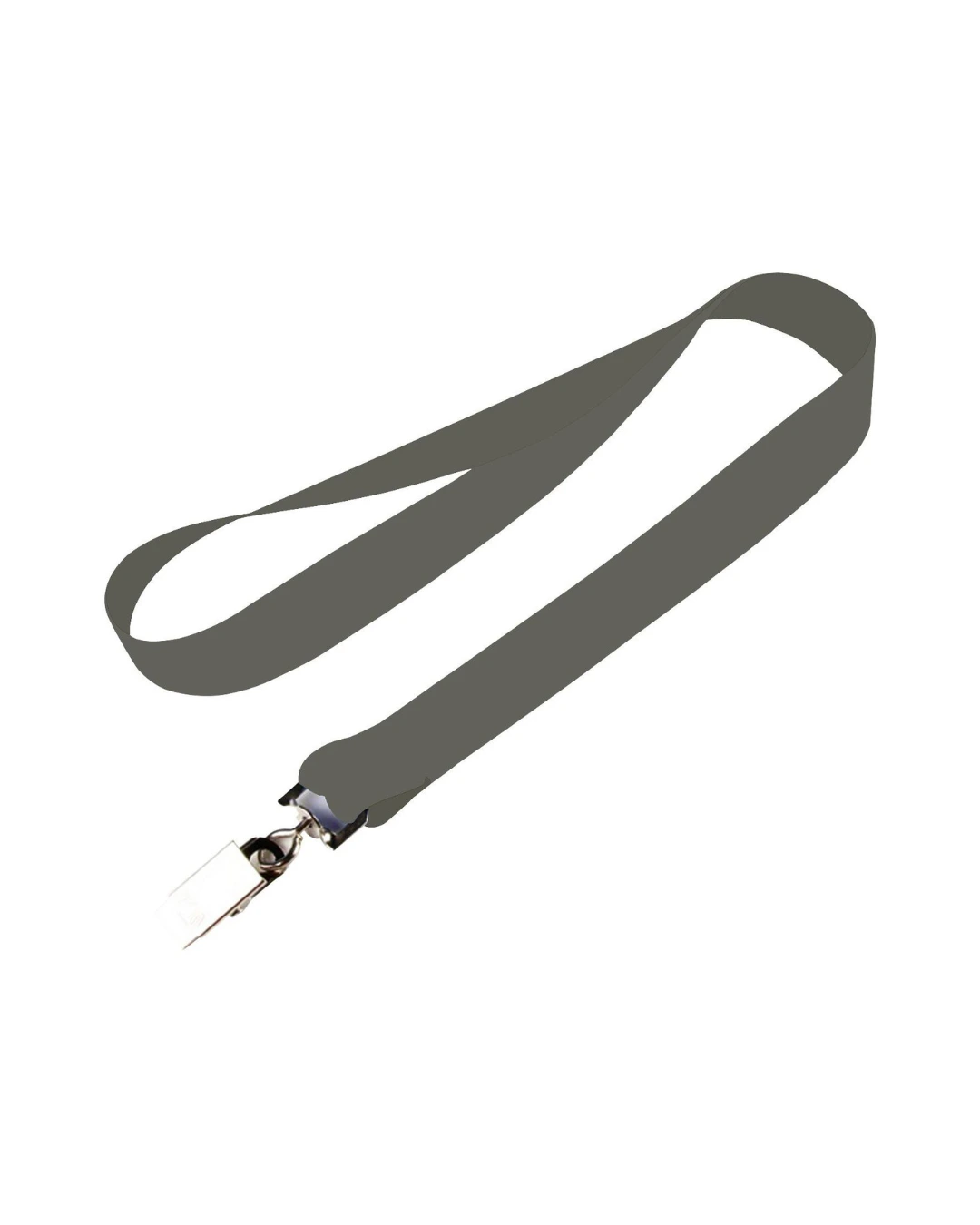 custom lanyards in dark gray, 3/4 inch full color dye sublimated polyester strap with metal crimp and j-hook, flat view
