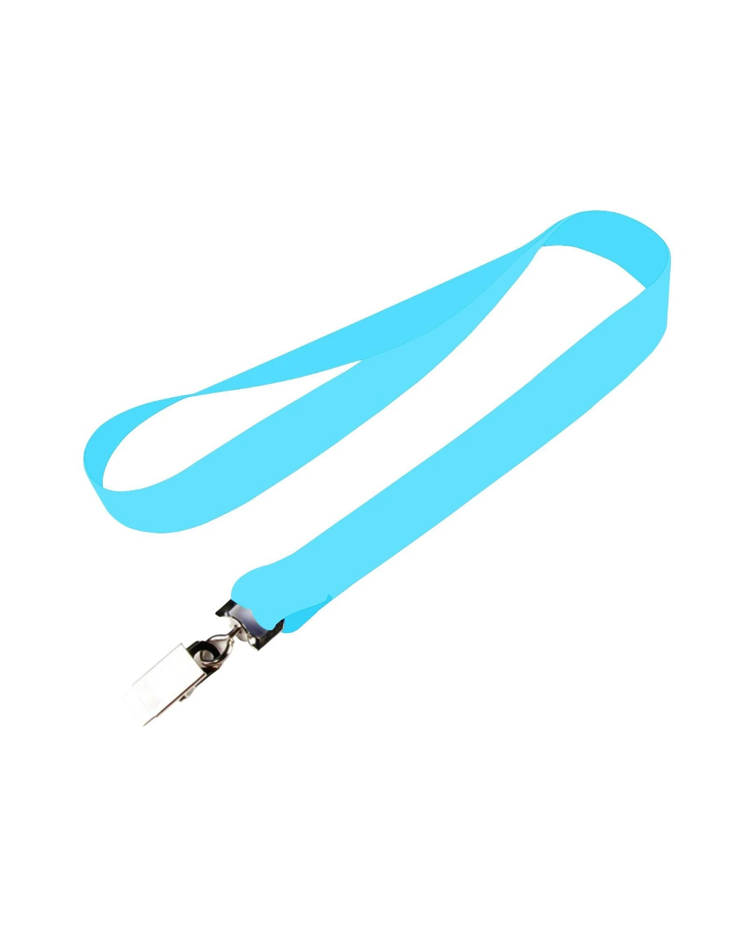 custom lanyards in light blue, 3/4 inch full color dye sublimated polyester strap with metal crimp and j-hook, flat view