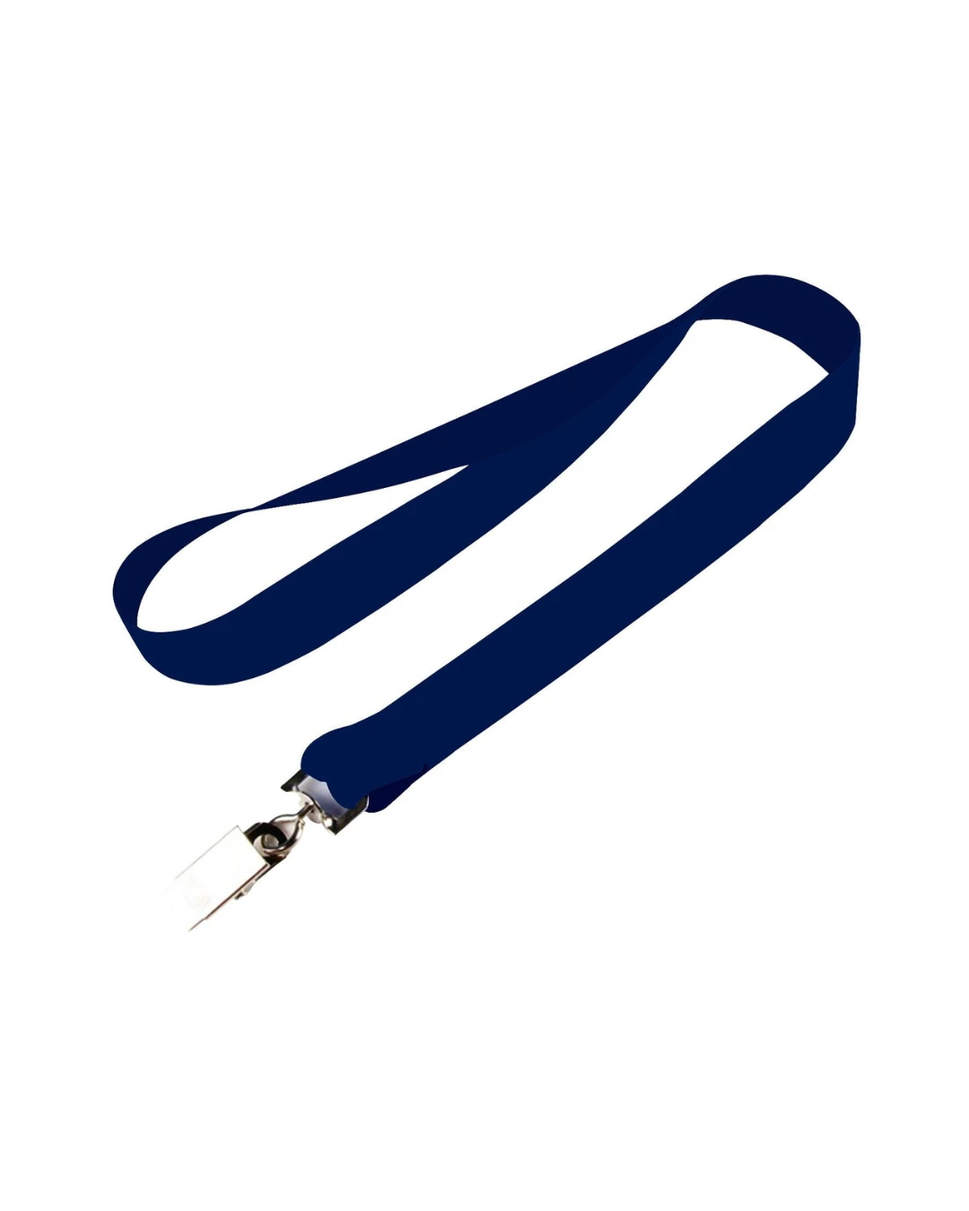 custom lanyards in navy blue, 3/4 inch full color dye sublimated polyester strap with metal crimp and j-hook, flat view