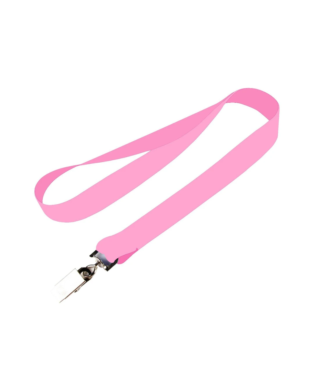 custom lanyards in pink, 3/4 inch full color dye sublimated polyester strap with metal crimp and j-hook, flat view