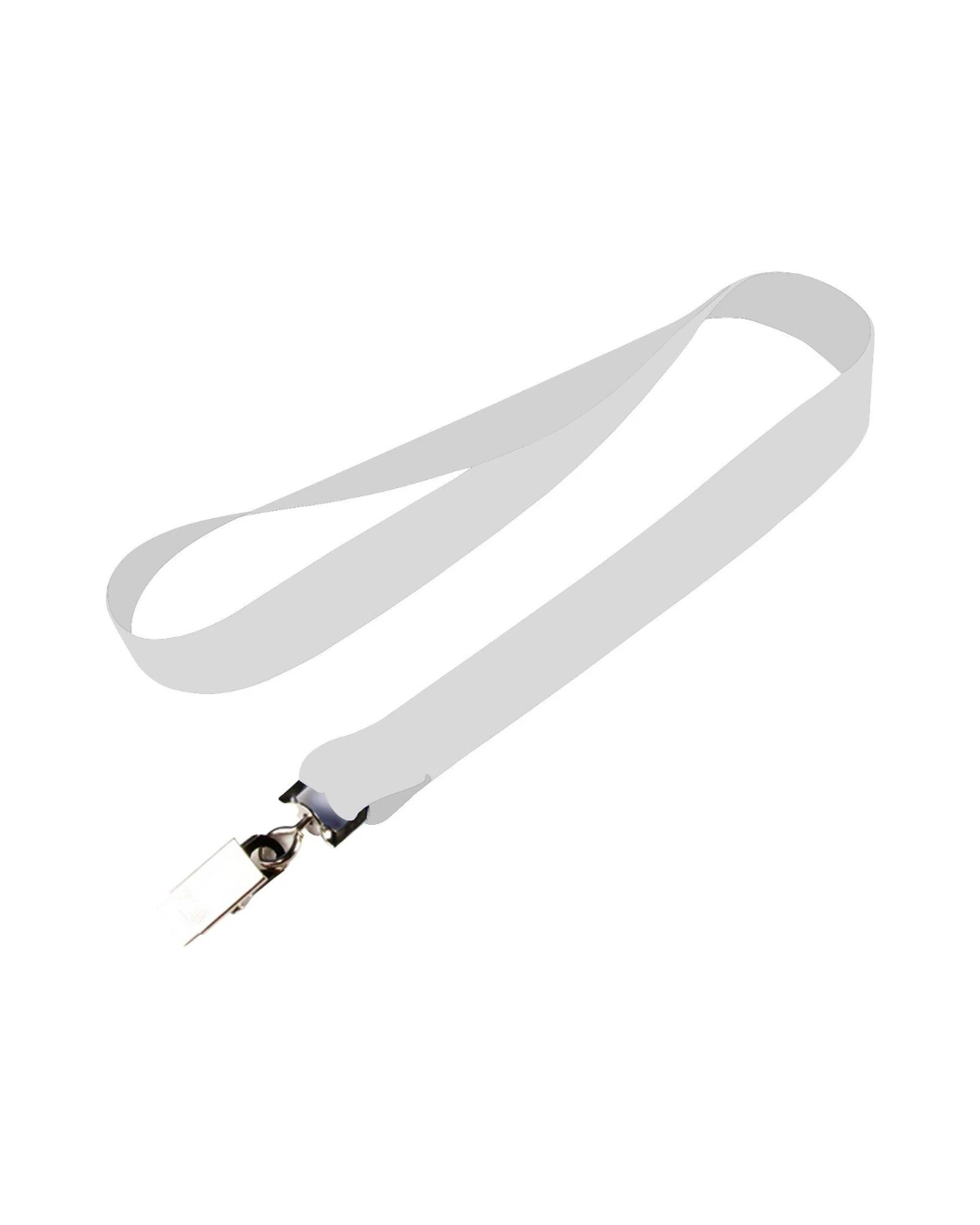 custom lanyards in white, 3/4 inch full color dye sublimated polyester strap with metal crimp and j-hook, flat view