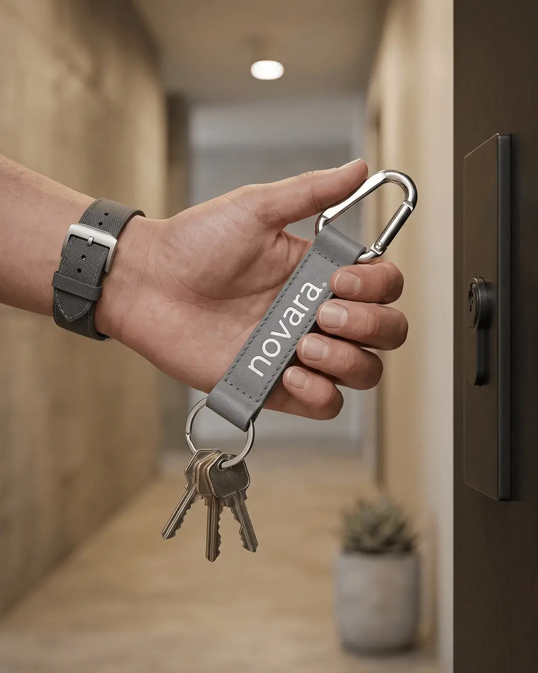 Custom lanyard keychain mockup, gray strap with carabiner and key ring held at a door with keys