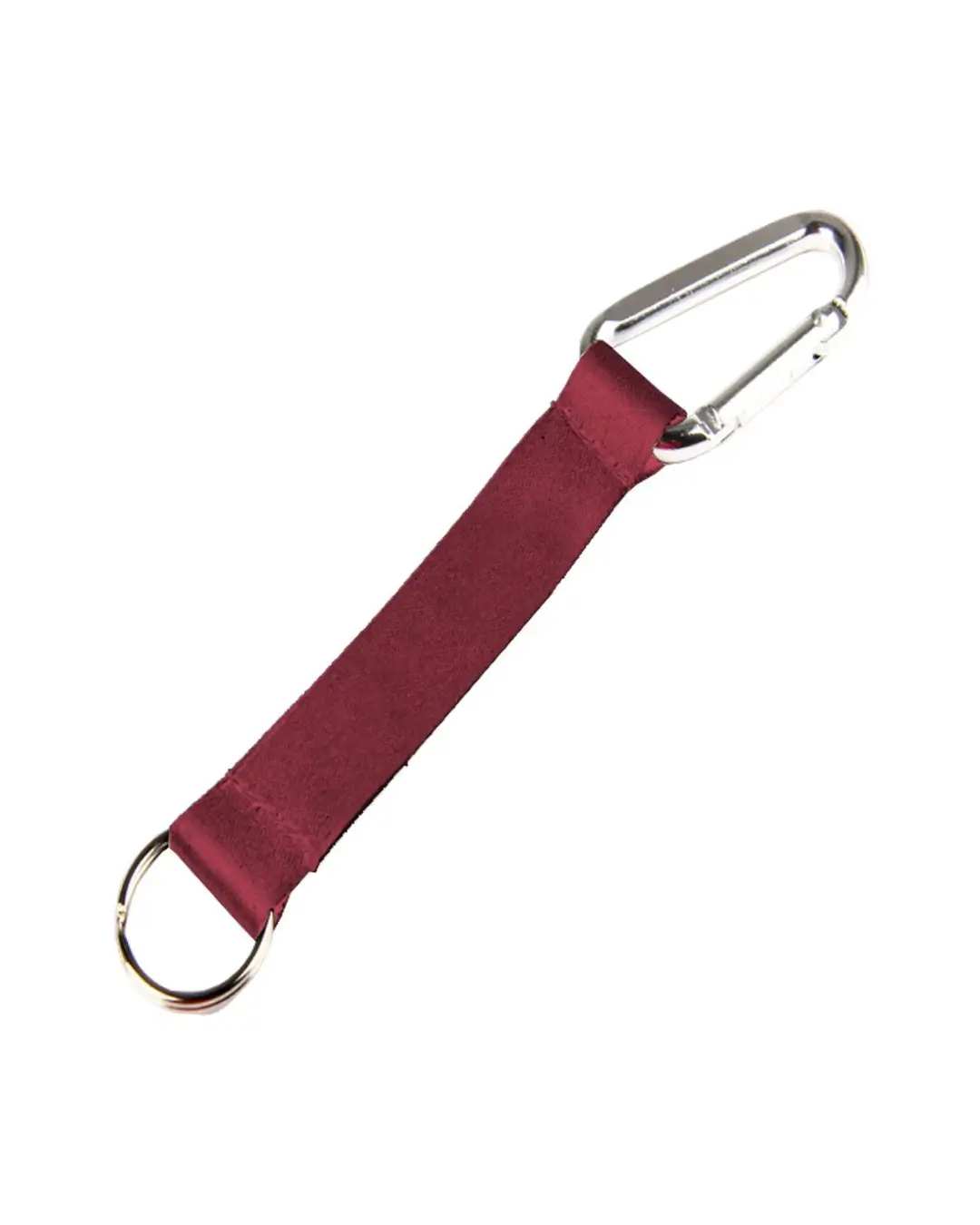 Custom lanyard keychains in maroon, 5 inch full color polyester strap with aluminum carabiner and split key ring