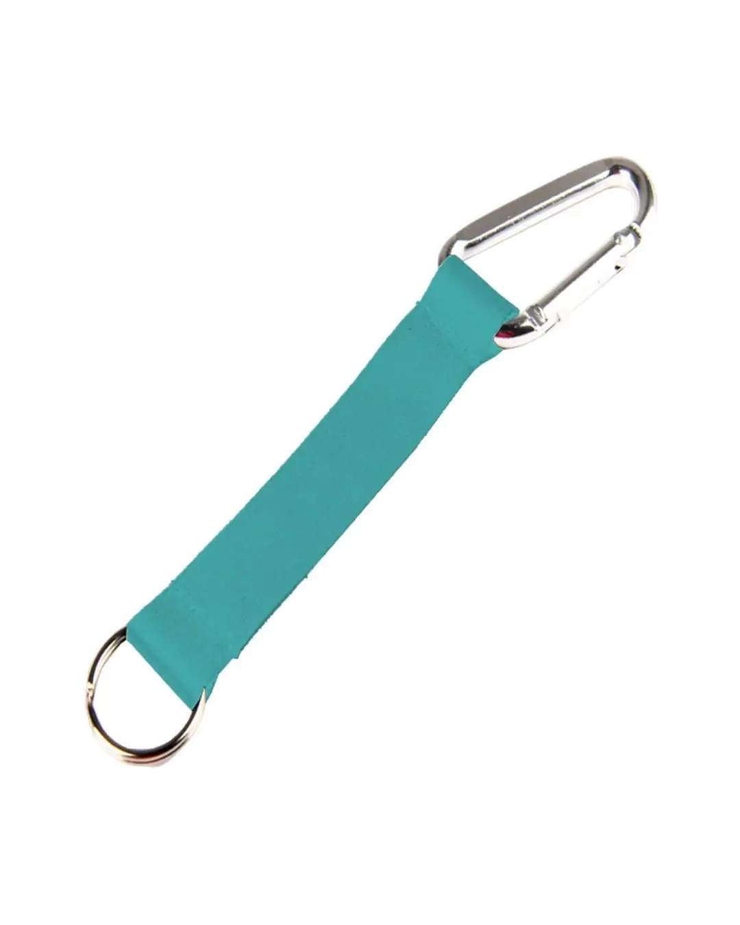 Custom lanyard keychains in teal, 5 inch full color polyester strap with aluminum carabiner and split key ring