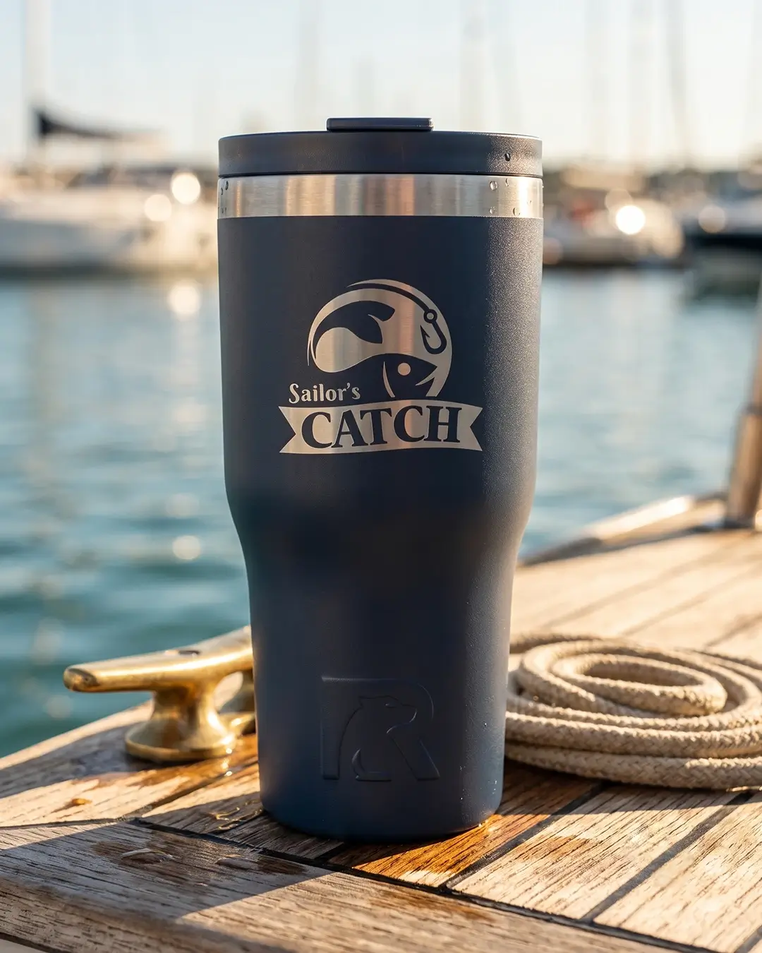 Custom RTIC tumbler in Navy Blue with an engraved logo, in use with the double-threaded lid