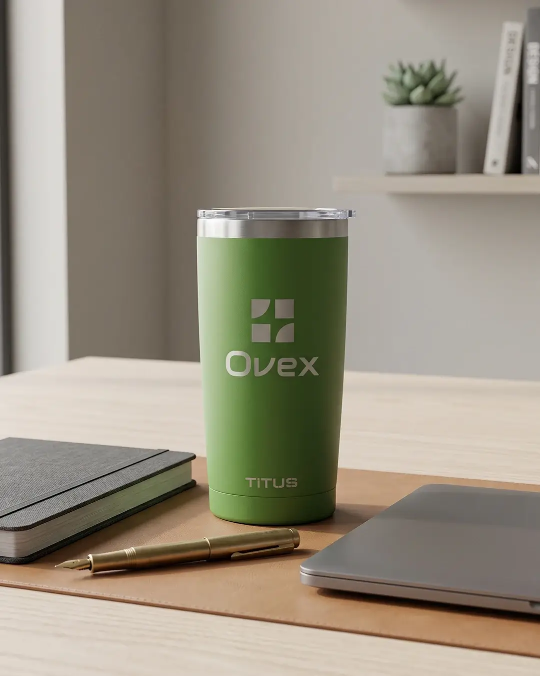 Custom stainless steel tumblers in a car cup holder with the splash-resistant lid on
