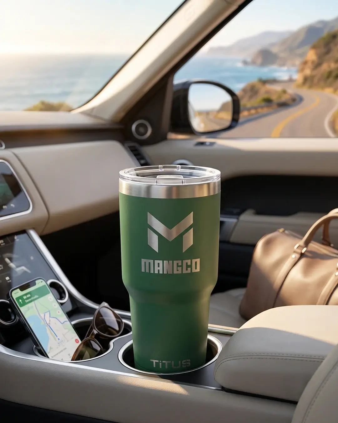 Custom insulated tumbler in Green with an engraved logo, in use with the splash resistant lid