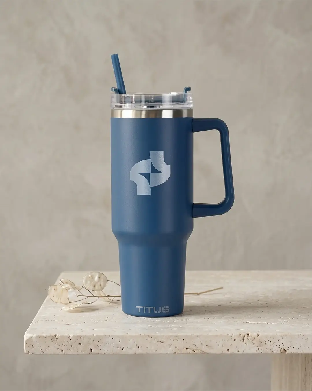 Custom tumblers with straw, 40 oz double-wall stainless with a handle and a logo on the front
